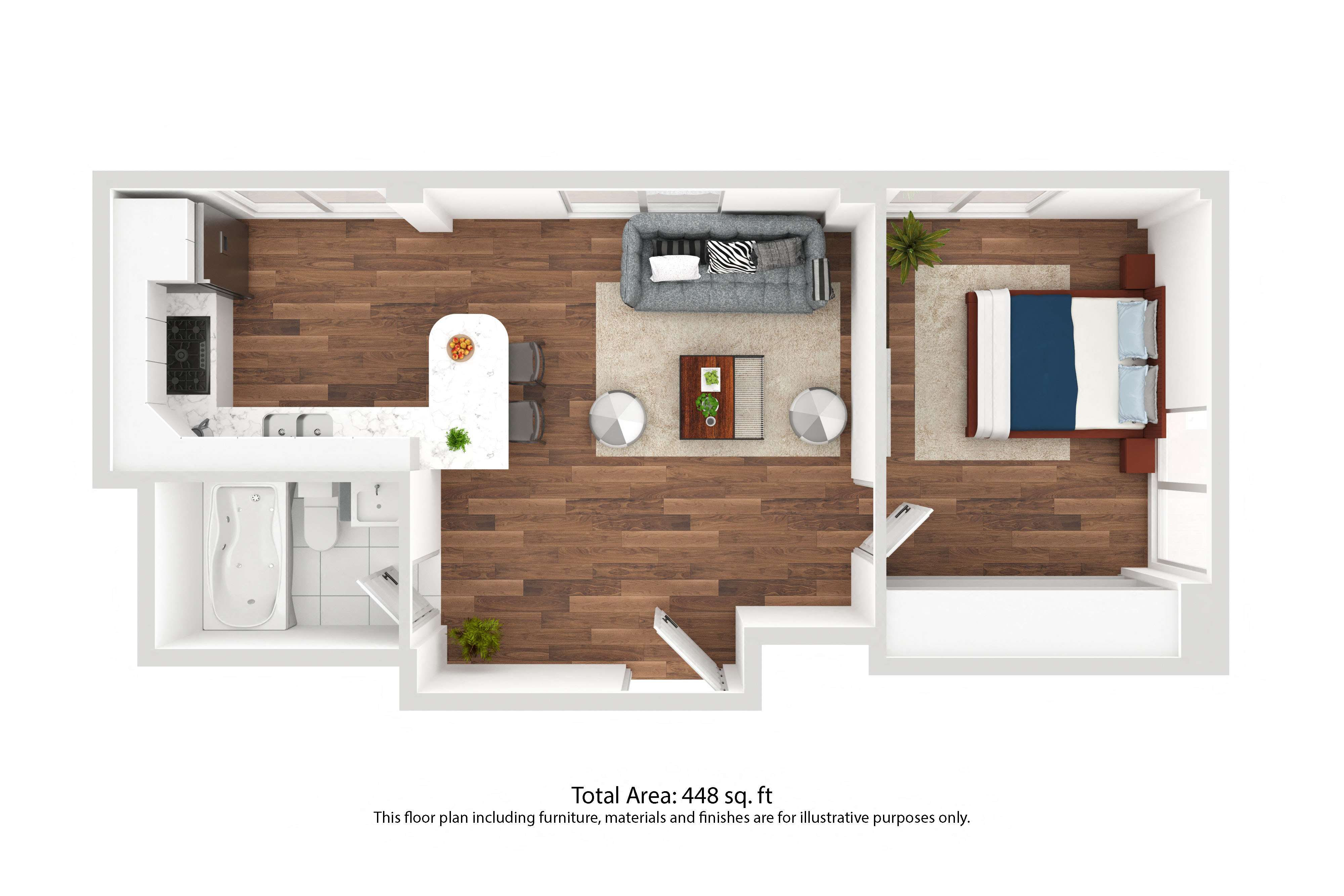 Floor plan for 1 bed, 1 bath, 650 sqft